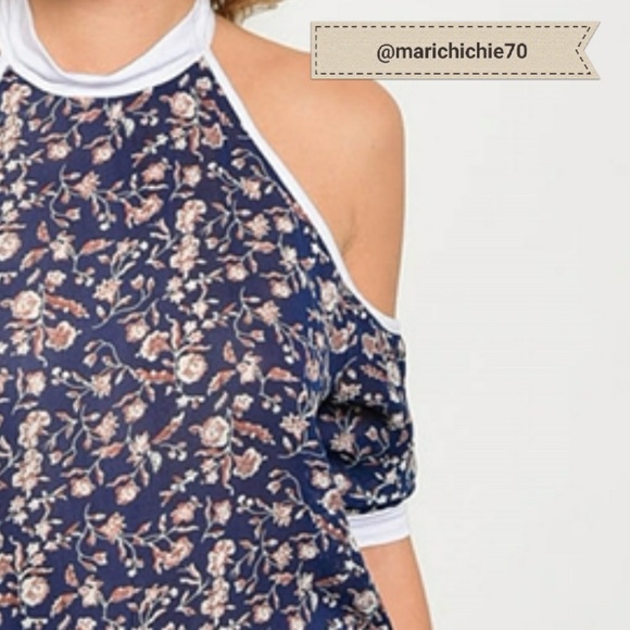 Navy Print Cold Shoulder Top - Picture 2 of 3